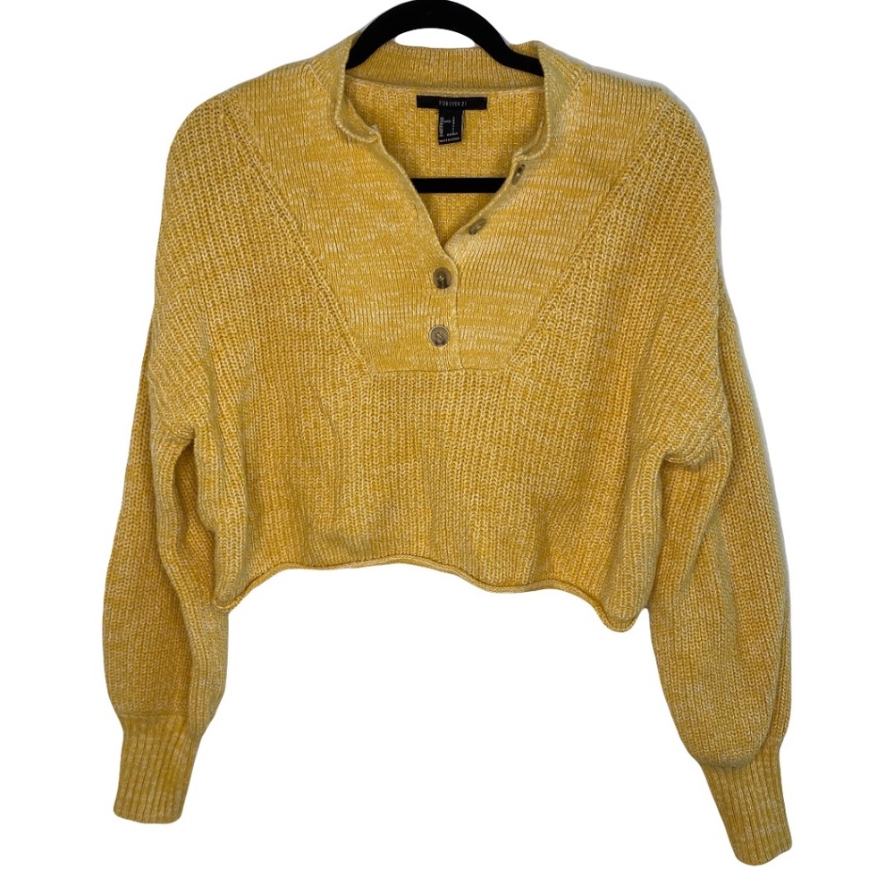 Forever 21 Cropped Puff Sleeve Ribbed Knit Sweater in Mustard Yellow Size L